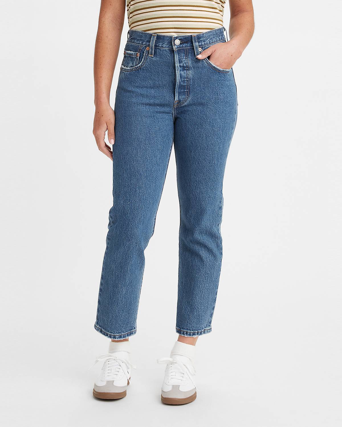 Women's 501 jeans are iconic denim apparel known for their classic style and durable quality.